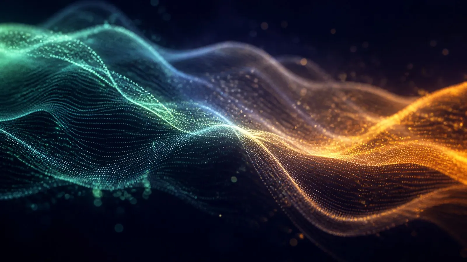 Visualisasi gelombang data sentimen publik berwarna mint dan oranye