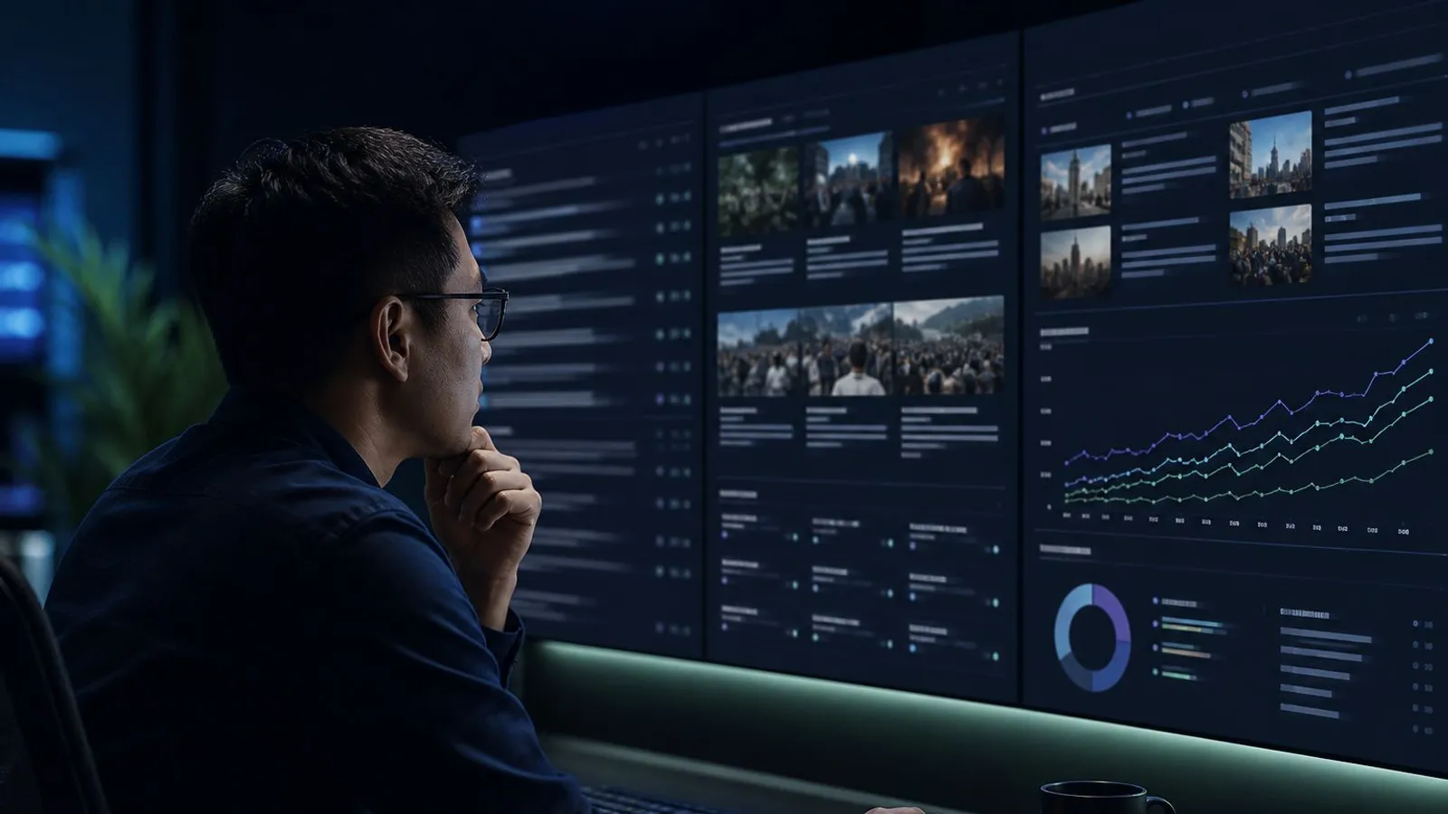 Analis meninjau stream berita pada dinding dasbor pemantauan